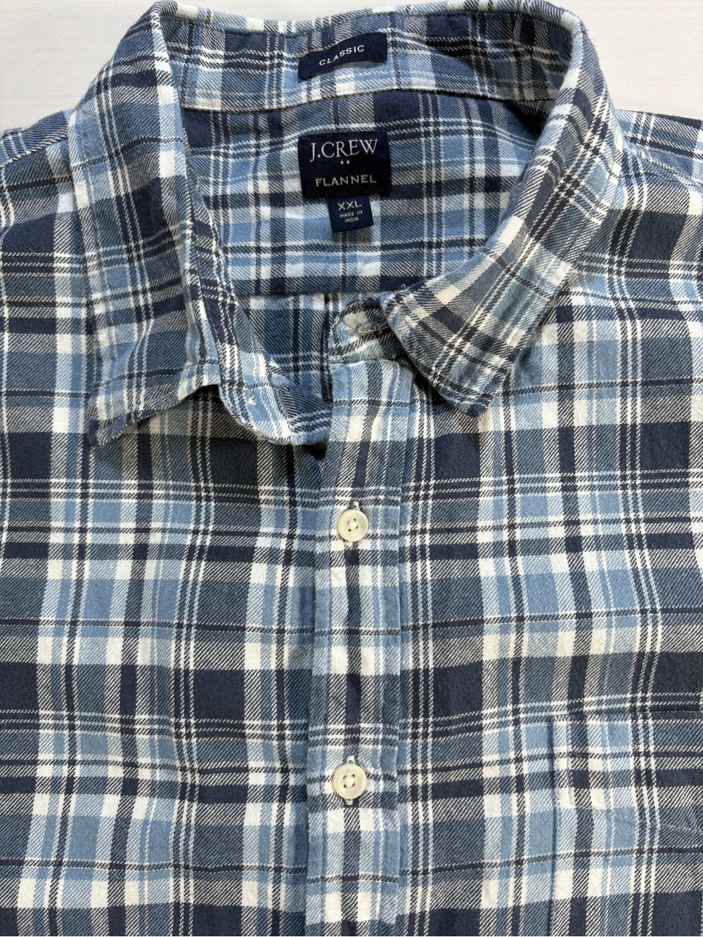 J Crew Mens XXL Classic Fit Plaid Flannel Shirt Blue White Button Up Long Sleeve
